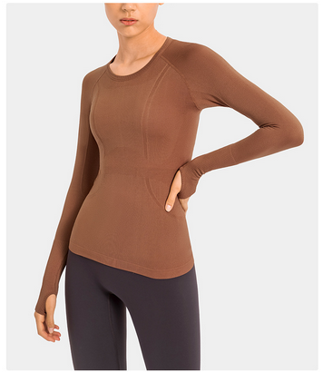 T-shirt sportiva da donna con scollo tondo e maniche lunghe, ideale per yoga e fitness
