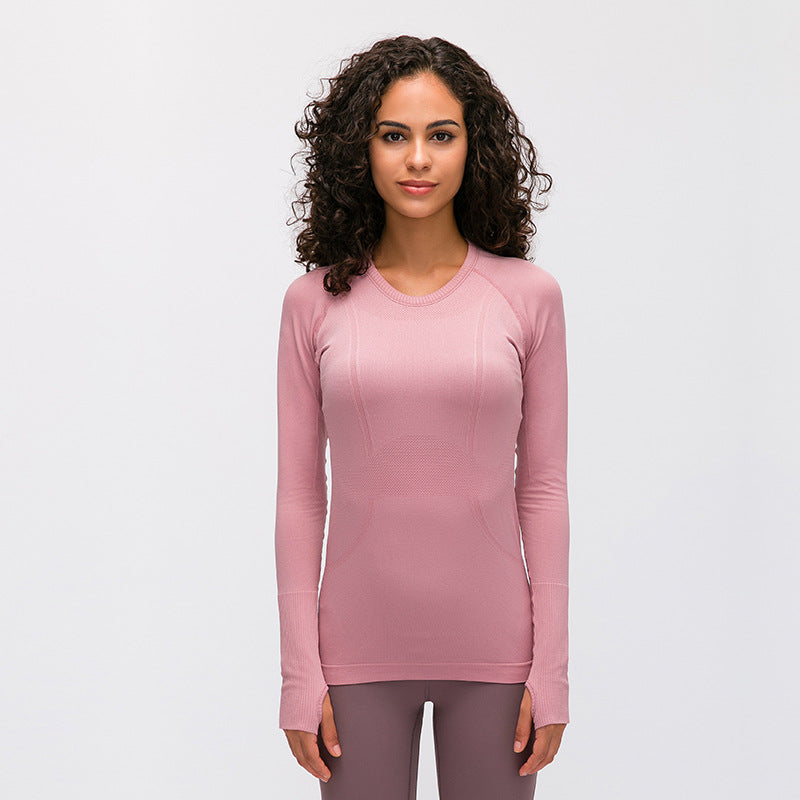 T-shirt sportiva da donna con scollo tondo e maniche lunghe, ideale per yoga e fitness